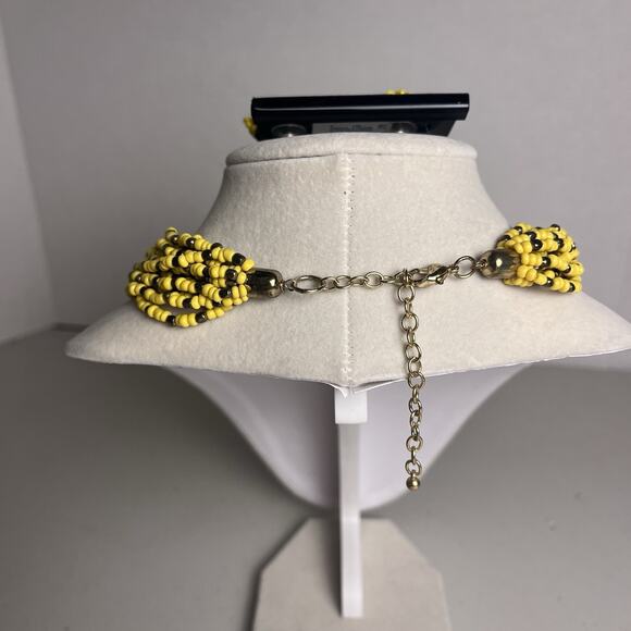 Yellow Seed Bead Necklace Earrings Set Multistrand Beaded Cluster 20-24" - Picture 7 of 11